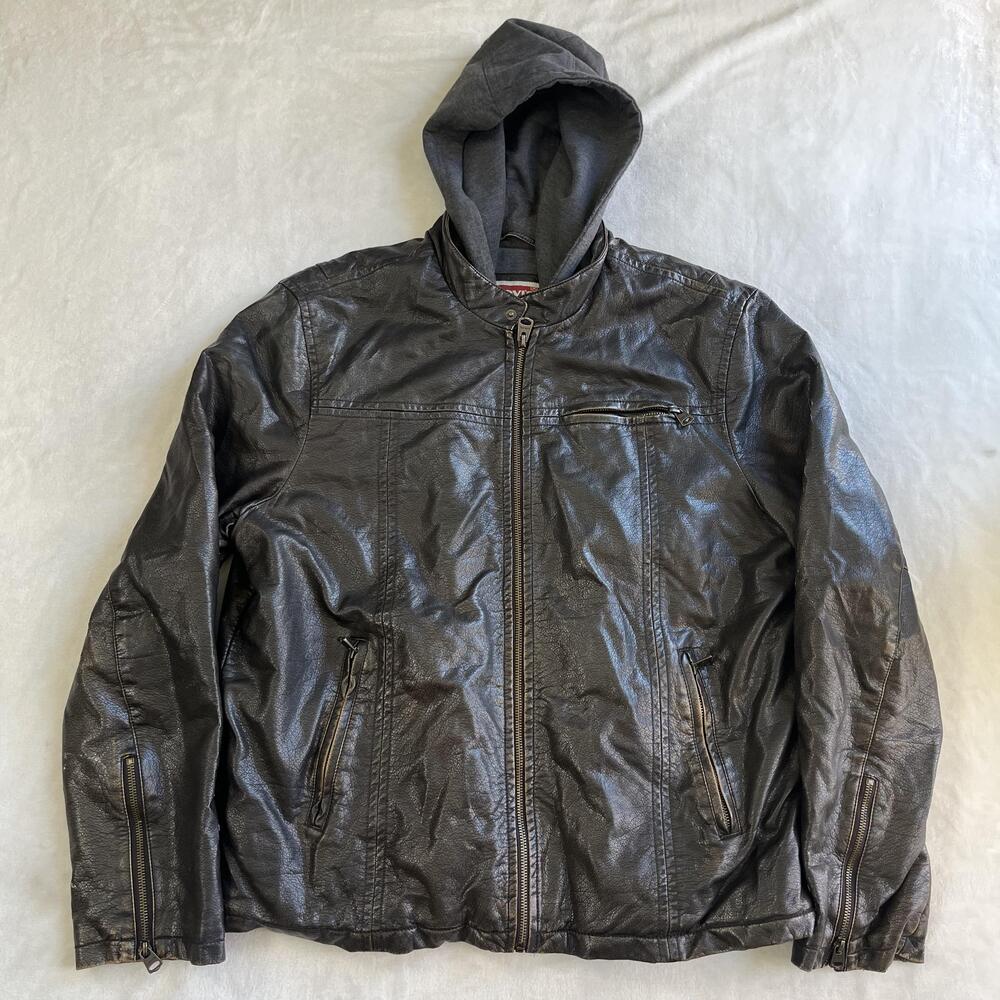 Levi's Jacket Mens Large Black Faux Leather Hooded Lined Biker Motorcycle READ
